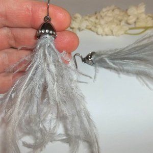 Statement Earrings Grey Feather Gunmetal Edgy Dangle Drop White Rhinestone A334